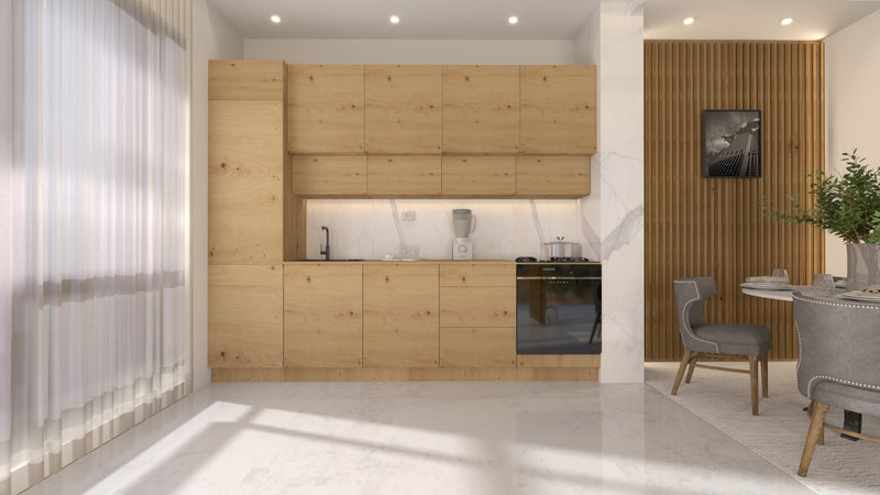 Nexa Küchenzeile KÜ06-L – Woodline – 300 cm – Moderne Familienküche mit Hochschrank und großzügigem Stauraum
