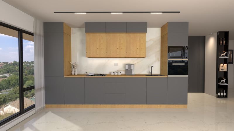 Nexa Küchenzeile KÜ04-L – Grau & Woodline – 420 cm – Modernes Küchensystem mit durchdachter Stauraumlösung