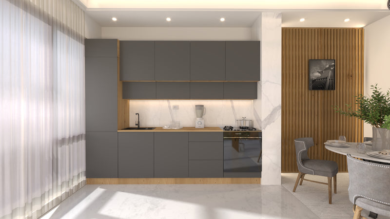 Nexa Küchenzeile KÜ-LN-006 – Grau – 300 cm – Moderne Familienküche mit Hochschrank und großzügigem Stauraum