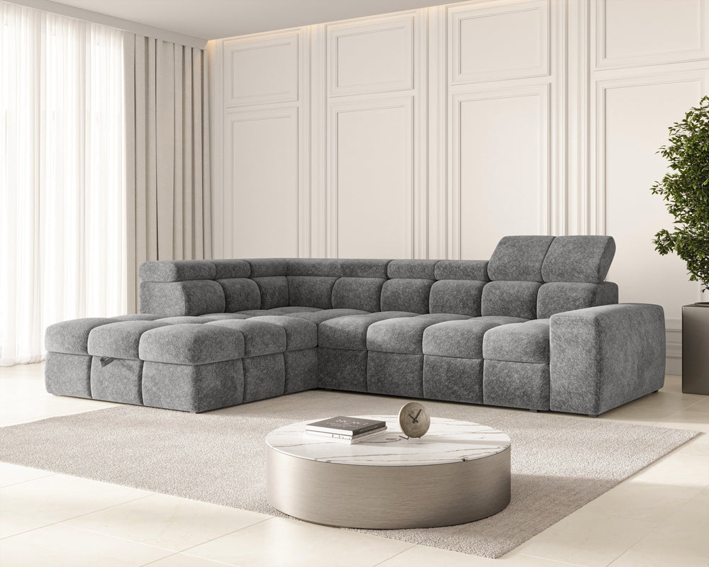 Ecksofa – Bianco – Schlafsofa mit Bettkasten & verstellbaren Kopfstützen
