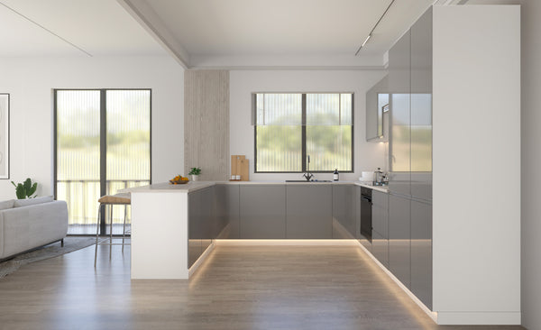 Velmora U-Form Küche KÜ10 – 300 × 279 × 200 cm – Grau Hochglanz – mit viel Stauraum und MDF-Fronten