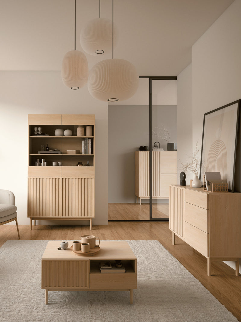 Savira Wohnzimmer-Set 4-teilig – Modernes Wohnkonzept in Cremona Eiche mit Glasvitrine