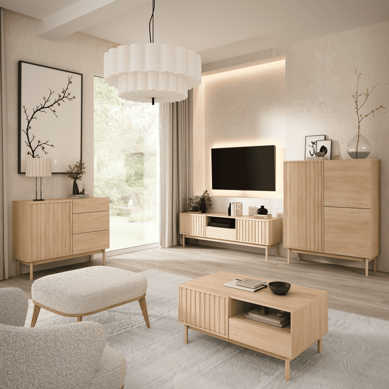 Savira Wohnzimmer-Set 4-teilig – Modernes Wohnmöbel-Set in Cremona Eiche mit geriffelten Fronten