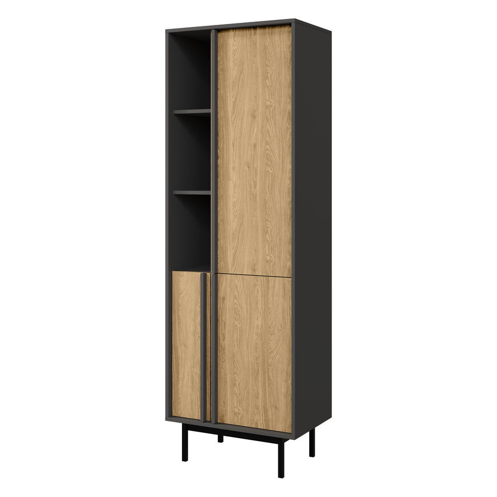Alsy Hochschrank schmal 63 cm mit 3 Türen und 3 offenen Fächern – Anthrazit / Eiche geölt