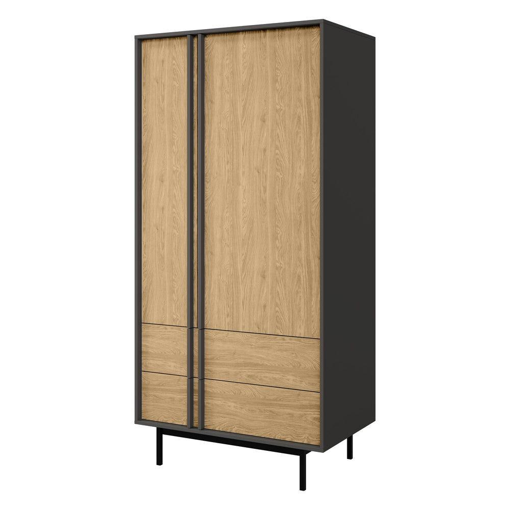 Alsy Kleiderschrank 93 cm mit 2 Türen und 2 Schubladen – Anthrazit / Eiche geölt