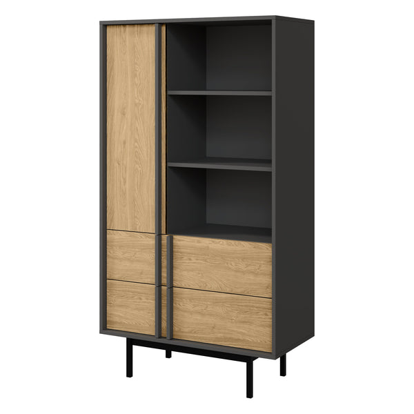 Alsy Regal 83 cm mit 1 Tür, 2 Schubladen und 3 offenen Fächern – Anthrazit / Eiche geölt