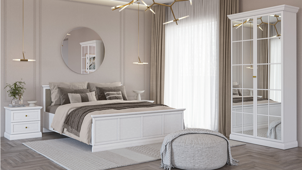 Livento Schlafzimmer-Set 4-teilig – Modernes Schlafkonzept in Opalweiß mit Spiegelschrank