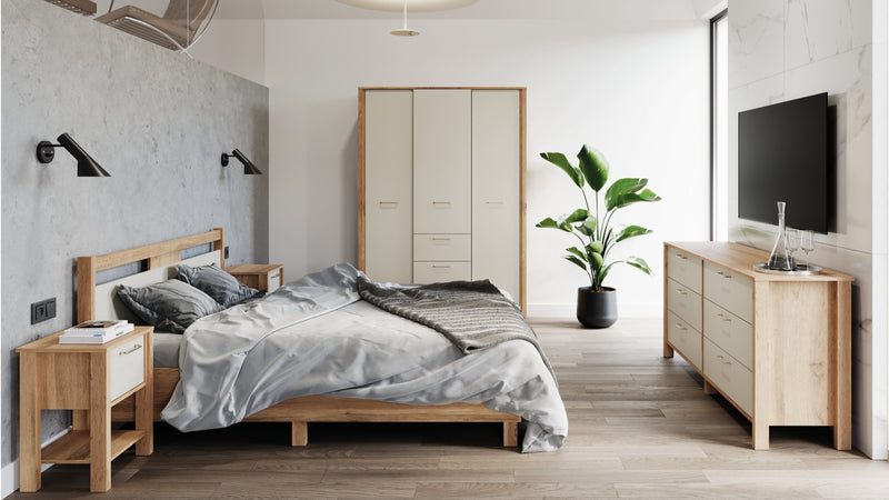 Velario Schlafzimmer-Set 5-teilig – Modernes Schlafzimmer in Wotan Eiche / Beige
