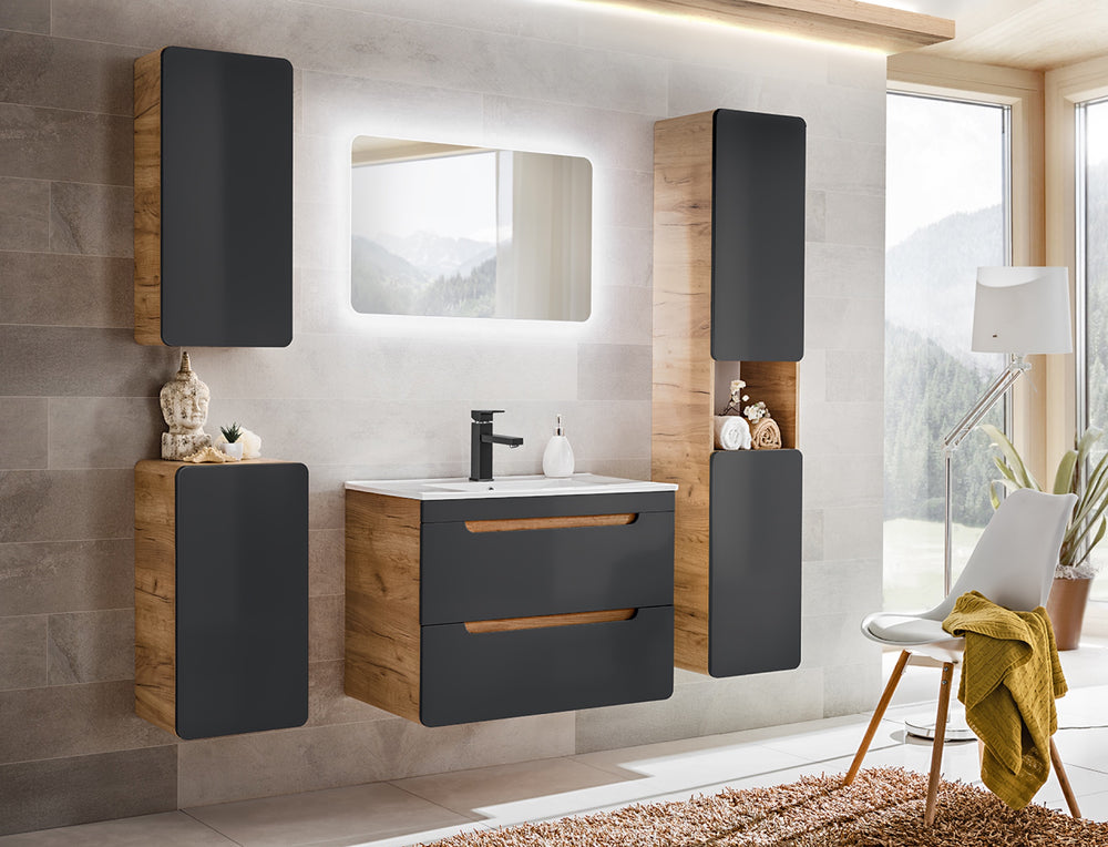 Badezimmer-Hochschrank Amaris Cosmos Grau 35 × 170 × 32 cm mit 2 Türen