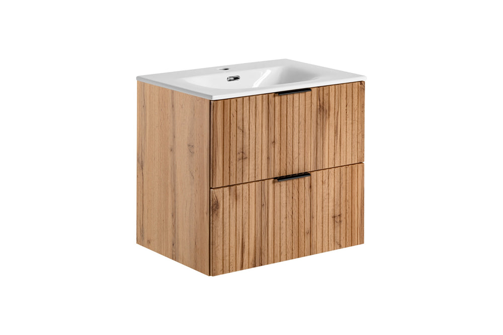 Badmöbel-Set Ardena Eiche 60 cm – Waschbeckenunterschrank + Waschbecken + Badzubehör