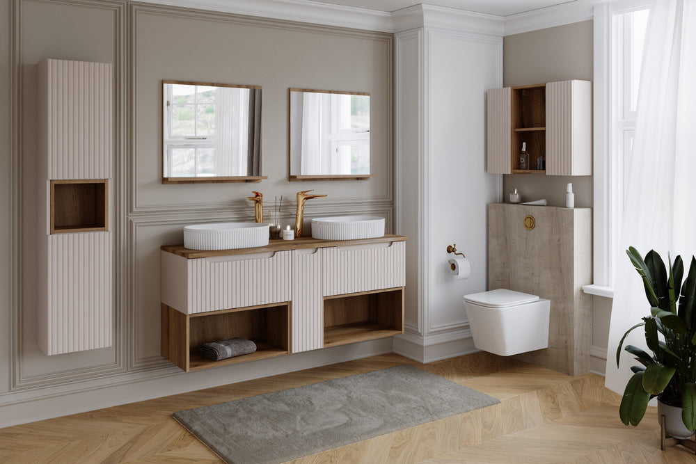 Badmöbel-Set Novira Kaschmir 50 cm – Waschtischplatte + Waschbeckenunterschrank + Regal