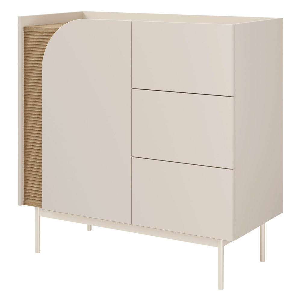 Carmen Kommode 92 cm mit 1 Tür und 3 Schubladen – Macadamia / Frühlingseiche