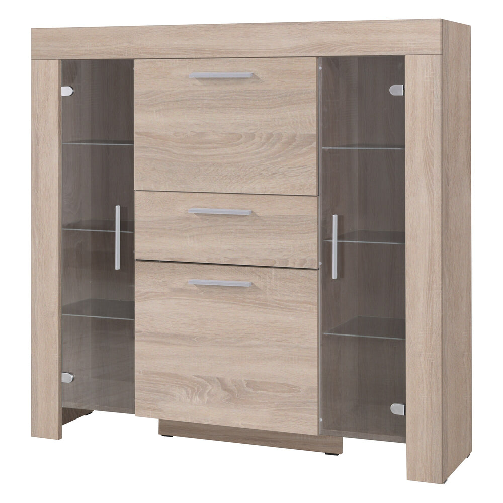 Cezar Highboard 130 cm mit 2 Glastüren, Klappe und Schublade – Sonoma Eiche
