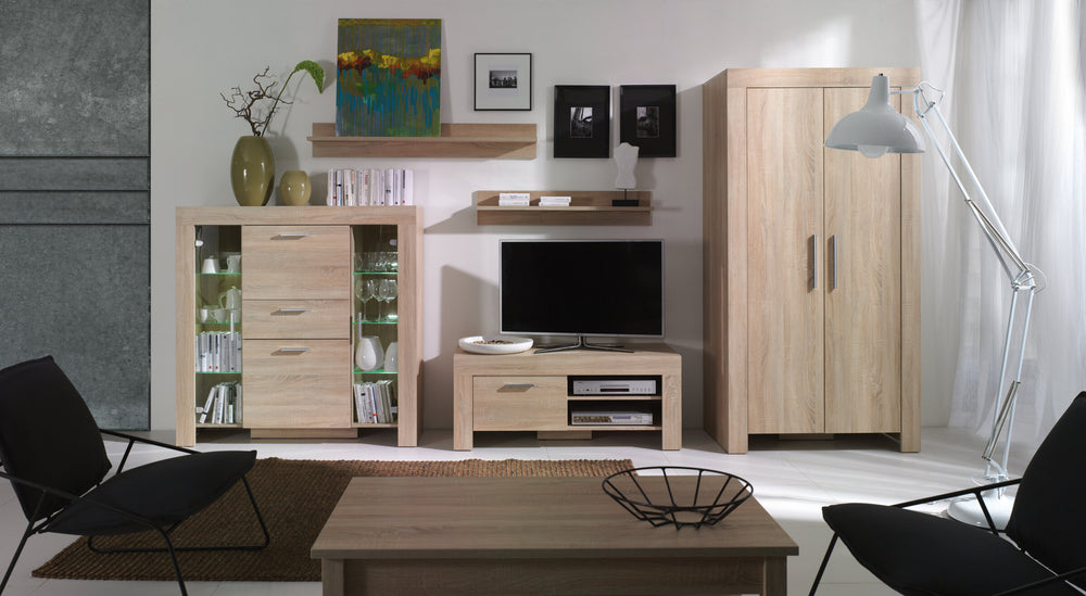 Cezar Schlafzimmer-Set 3-teilig mit Highboard-Vitrine, Kleiderschrank und TV-Lowboard – Sonoma Eiche