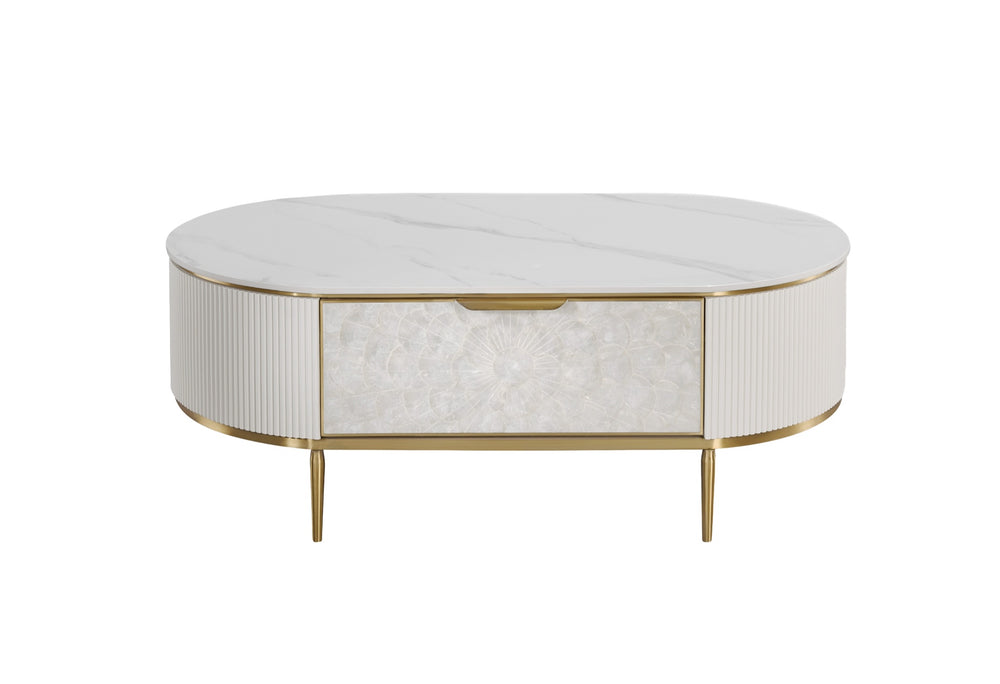 Couchtisch Hillora Gebrochenes Weiß, White worktop, Golden legs and accents 122 cm