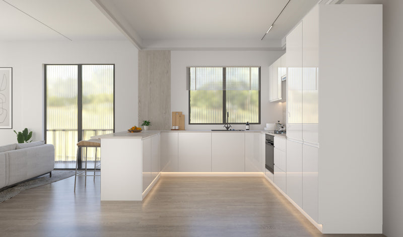 Velmora U-Form Küche KÜ10 – 300 × 279 × 200 cm – Weiß Hochglanz – mit viel Stauraum und MDF-Fronten