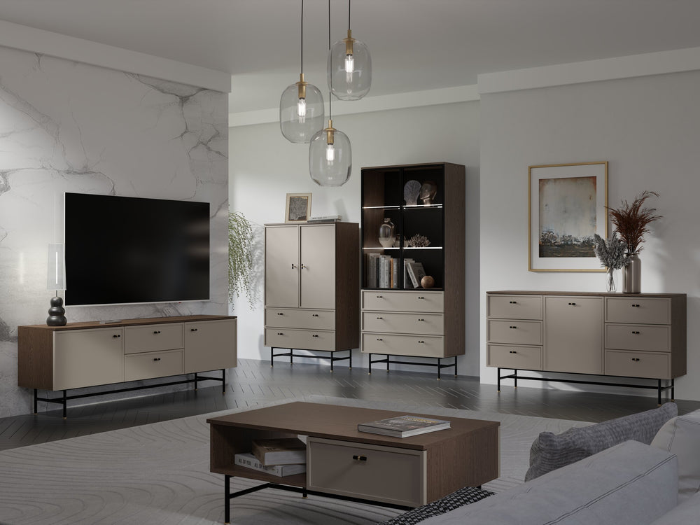 Elora Wohnzimmer-Set 4-teilig mit Vitrine, Kommode, Highboard und Couchtisch – Baltic Storm / Toffee