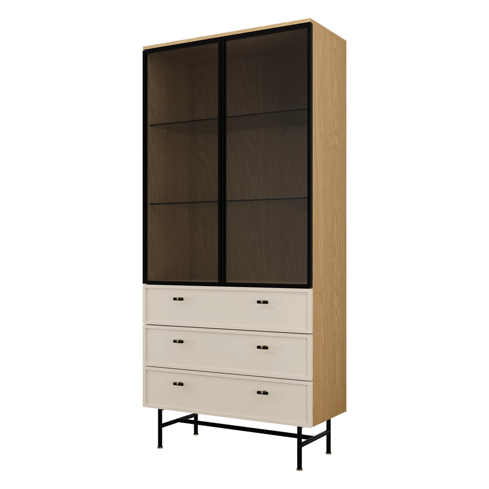 Elora Vitrine 90 cm mit 2 Glastüren und 3 Schubladen – Frühlingseiche / Macadamia