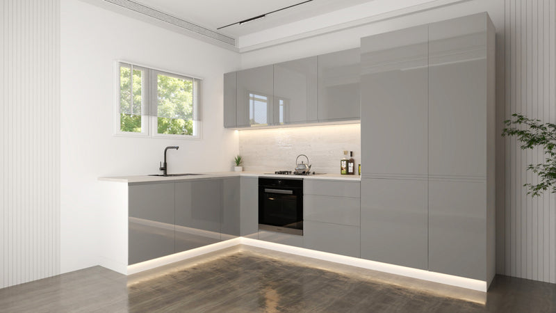 Velmora Winkelküche 310 × 195 cm KÜ-AS-004 – Moderne L-Küche ohne Arbeitsplatte – MDF Fronten – Grau Hochglanz