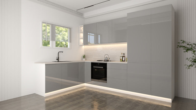 Velmora Winkelküche 300 × 185 cm KÜ04 – Moderne L-Küche ohne Arbeitsplatte – MDF Fronten – Grau Hochglanz