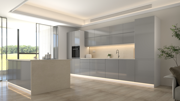 Velmora Inselküche KÜ-AS-018 – 420 cm – Grau Hochglanz – Moderne Küche mit Kücheninsel
