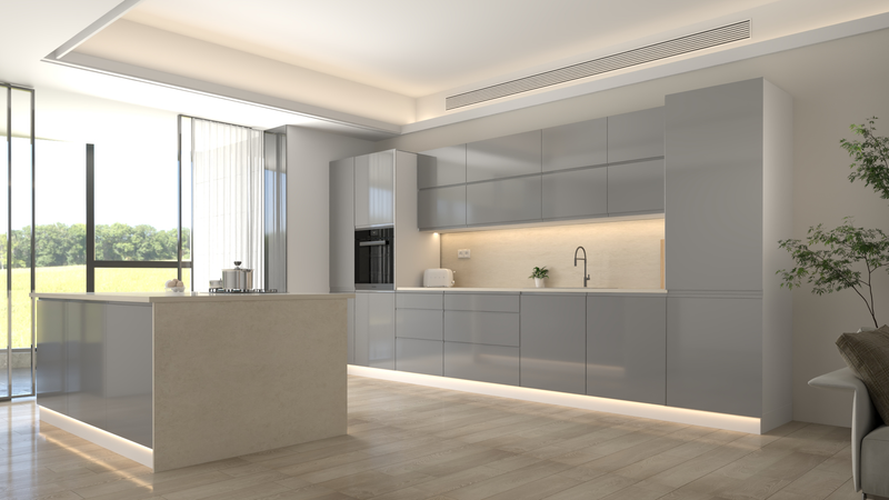 Velmora Inselküche KÜ-AS-018 – 420 cm – Grau Hochglanz – Moderne Küche mit Kücheninsel