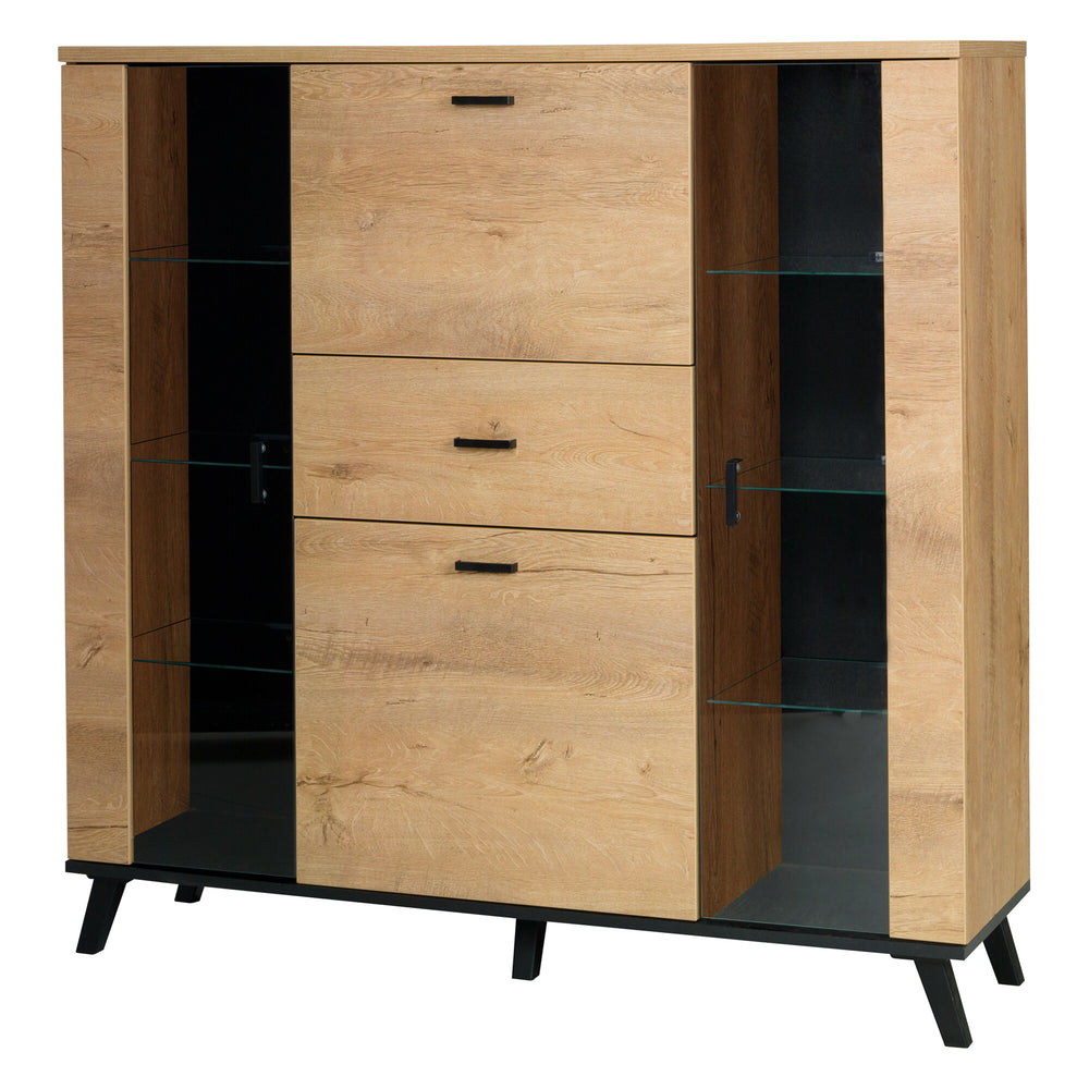 John Vitrine 131 cm mit 2 Glastüren, Tür, Klappe und Schublade – Eiche Lefkas / Schwarz