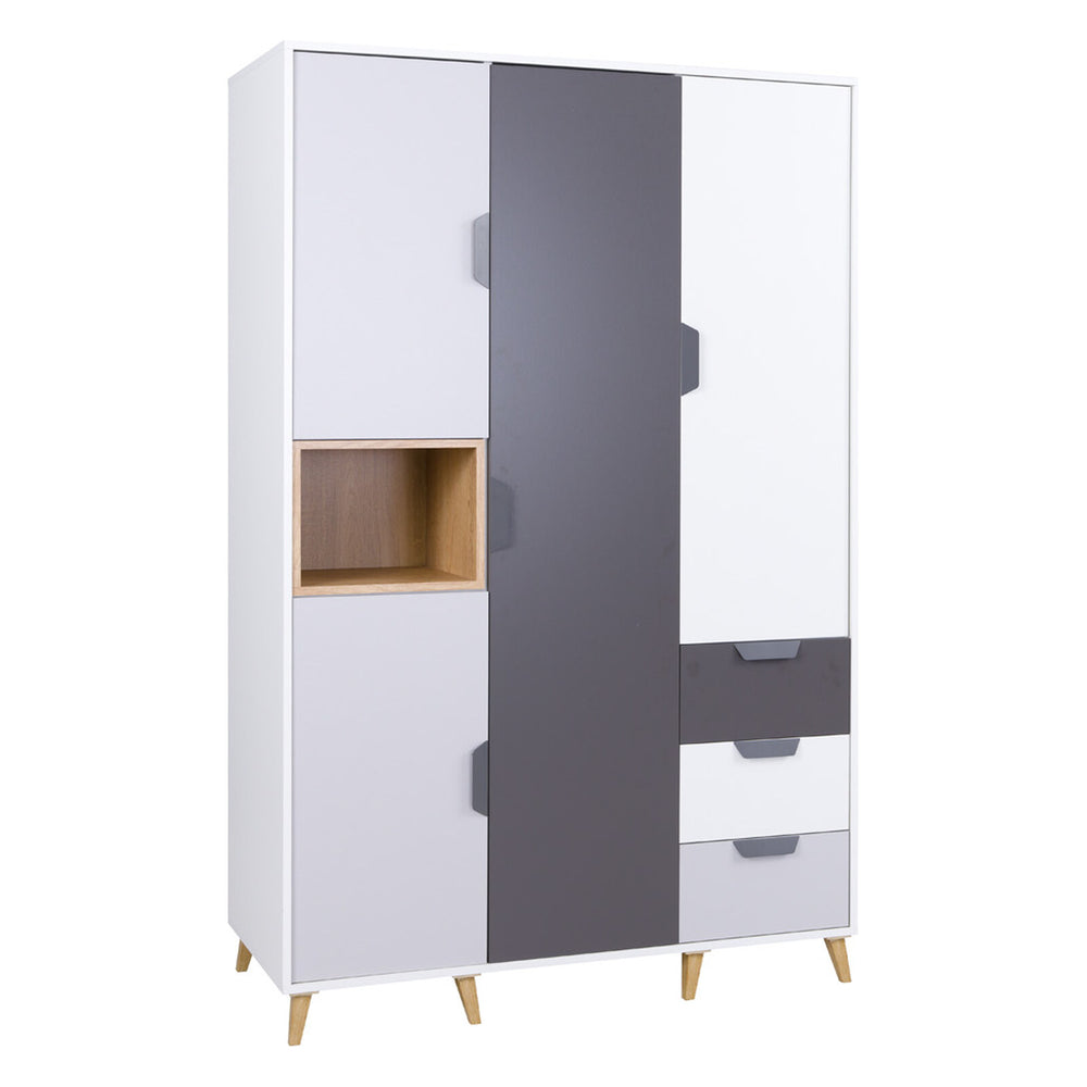 Joker Kleiderschrank 120 cm mit 4 Türen und 3 Schubladen – Weiß / Graphit / Grau / Eiche Lefkas