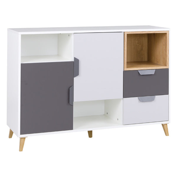 Joker Kommode 120 cm mit 2 Türen, 2 Schubladen und 3 offenen Fächern – Weiß / Graphit / Grau / Eiche Lefkas