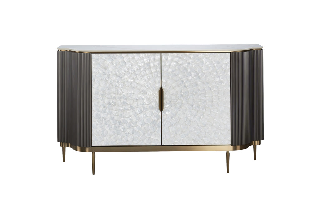 Kommode Hillora Light cream front, White marble countertop, Golden legs and accents, Dark graphite 150 × 88 × 40 cm mit 2 Türen