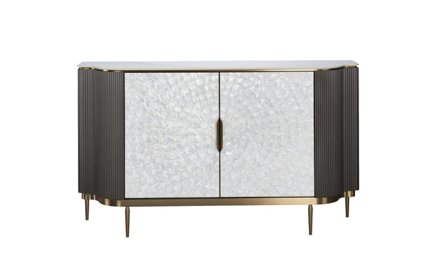 Kommode Hillora Light cream front, White marble countertop, Golden legs and accents, Dark graphite 150 × 88 × 40 cm mit 2 Türen