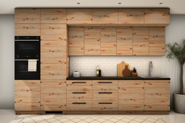 Küchenzeile Nexa Woodline – 360 cm – mit Aufsatzschränken und 2 Hochschränken – K72-G360 L