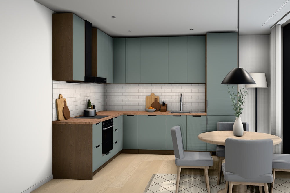 L-Küche Sorento Grün & Dunkle Eiche – 294 × 239 cm – KÜ-SORENTO2-001