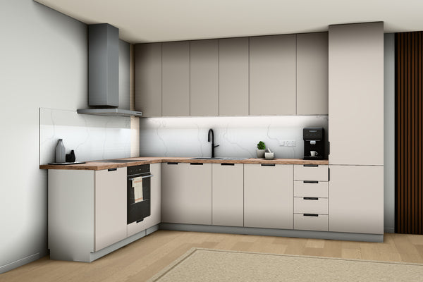 L-Küche Sorento Weiß & Beige – 330 × 210 cm – mit Hochschrank und Geschirrspülerfront – K51-G330
