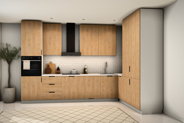L-Küche Sorento Weiß & Sonoma Eiche – 360 × 220 cm – mit Backofen-Hochschrank – K41-G360