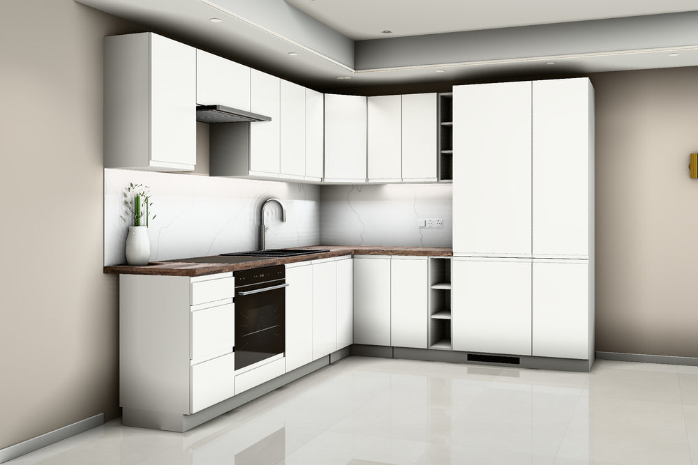 L-Küche Velmora Weiß Hochglanz – 270 × 240 cm – mit Kühl- und Vorratshochschrank – K94-G270