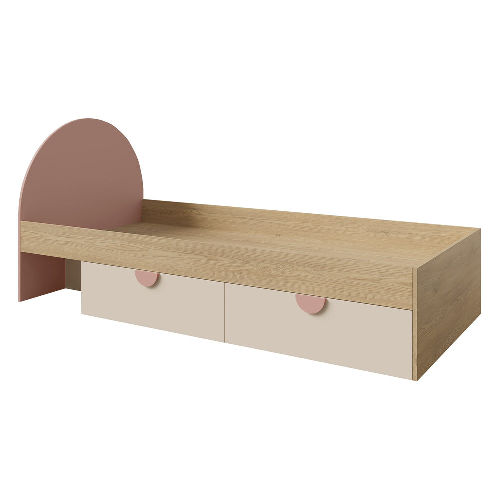 Lexi Bett 90 × 200 cm mit 2 Schubladen – Cremona Eiche / Macadamia / Puderrosa