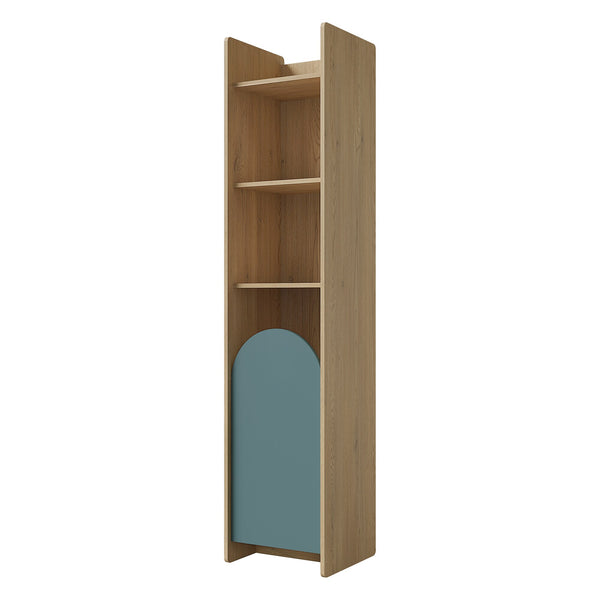 Lexi Hochregal schmal 43 cm mit 1 Tür und offenen Fächern – Cremona Eiche / Macadamia / Meeresblau
