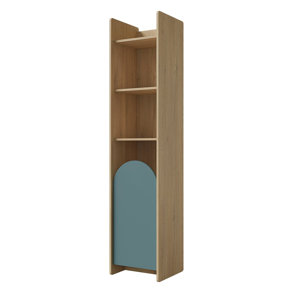 Lexi Hochregal schmal 43 cm mit 1 Tür und offenen Fächern – Cremona Eiche / Macadamia / Meeresblau