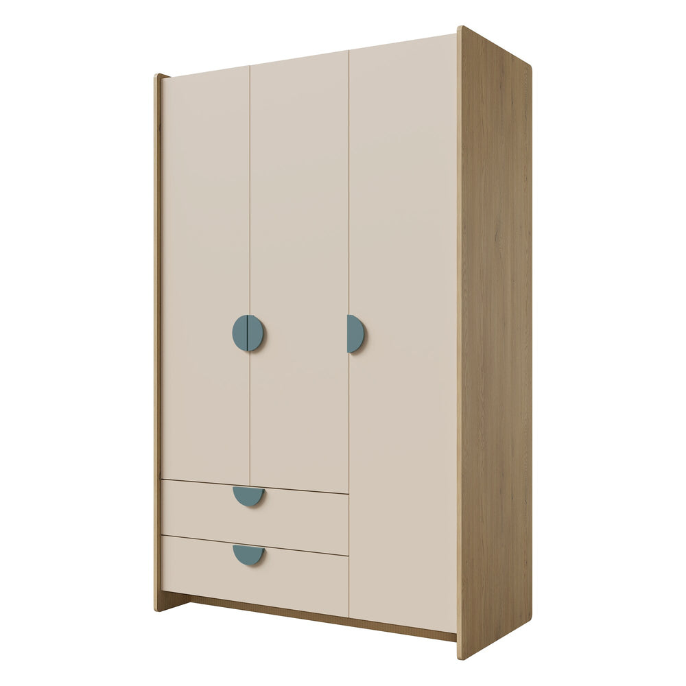 Lexi Kleiderschrank 123 cm mit 3 Türen und 2 Schubladen – Cremona Eiche / Macadamia / Meeresblau