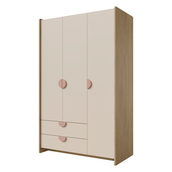 Lexi Kleiderschrank 123 cm mit 3 Türen und 2 Schubladen – Cremona Eiche / Macadamia / Puderrosa