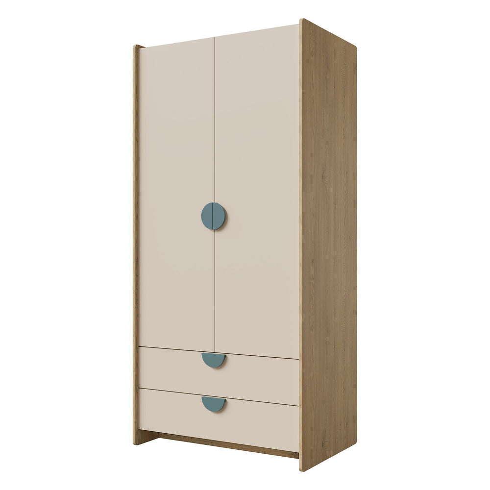 Lexi Kleiderschrank 83 cm mit 2 Türen und 2 Schubladen – Cremona Eiche / Macadamia / Meeresblau