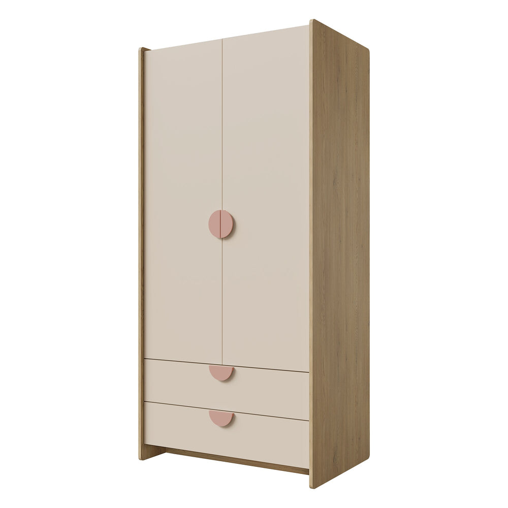Lexi Kleiderschrank 83 cm mit 2 Türen und 2 Schubladen – Cremona Eiche / Macadamia / Puderrosa