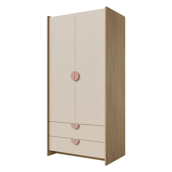 Lexi Kleiderschrank 83 cm mit 2 Türen und 2 Schubladen – Cremona Eiche / Macadamia / Puderrosa