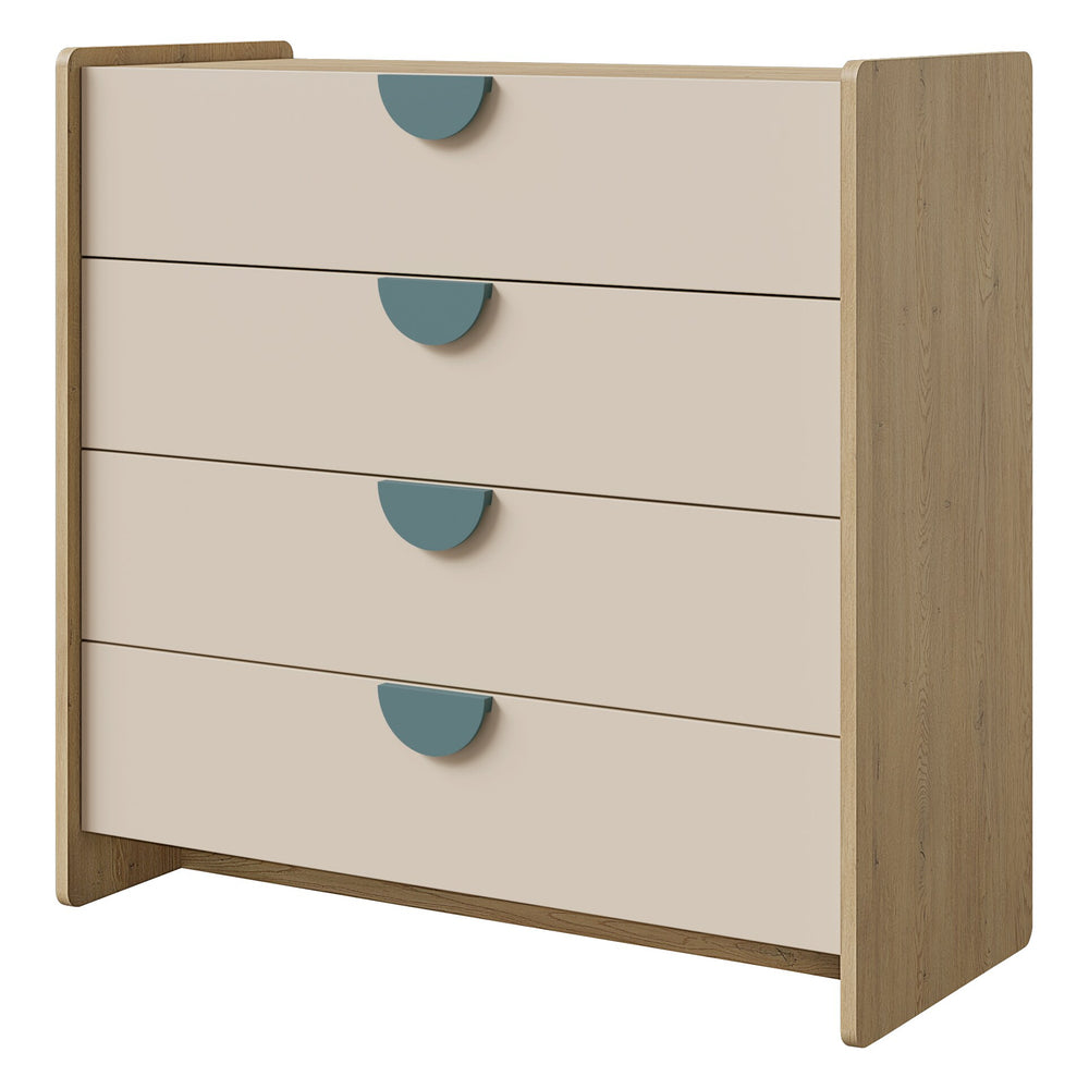 Lexi Kommode 93 cm mit 4 Schubladen – Cremona Eiche / Macadamia / Meeresblau