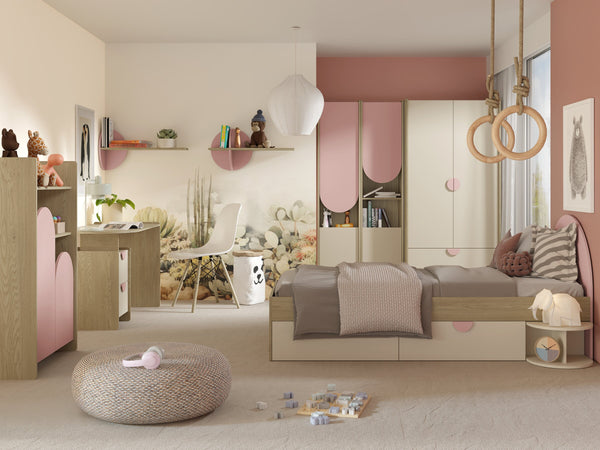 Lexi Jugendzimmer-Set 4-teilig mit Kleiderschrank – Cremona Eiche / Macadamia / Puderrosa