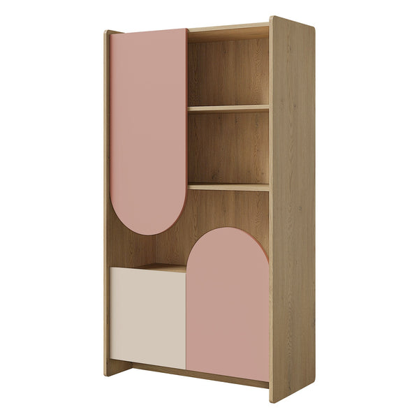 Lexi Regal 83 cm mit 3 Türen und offenen Fächern – Cremona Eiche / Macadamia / Puderrosa