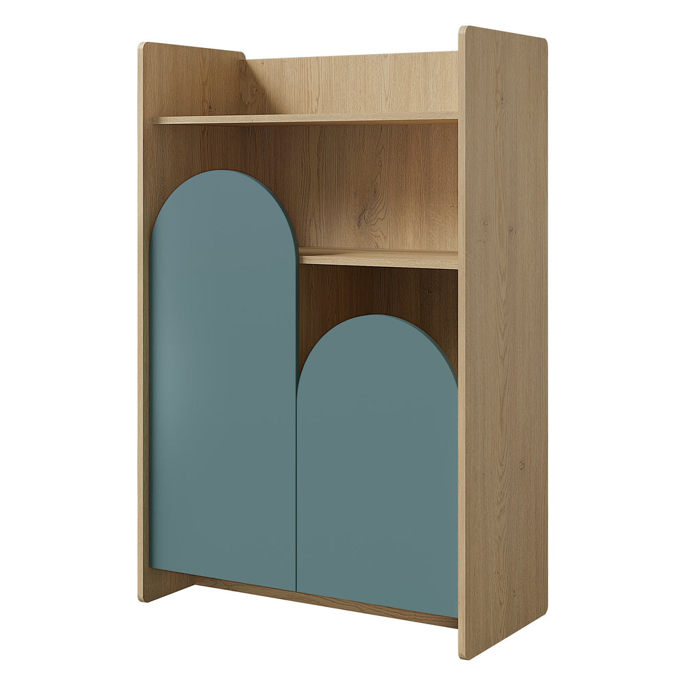 Lexi Regal niedrig 83 cm mit 2 Türen und offenen Fächern – Cremona Eiche / Macadamia / Meeresblau