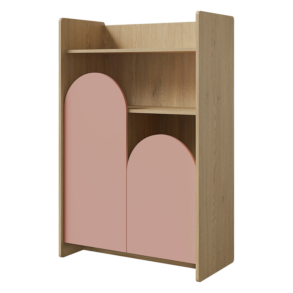 Lexi Regal niedrig 83 cm mit 2 Türen und offenen Fächern – Cremona Eiche / Macadamia / Puderrosa