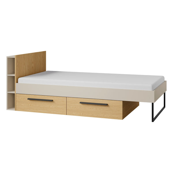 Lorin Bett 90 × 200 cm mit 2 Schubladen und Regal-Kopfteil – Kaschmir / Frühlingseiche